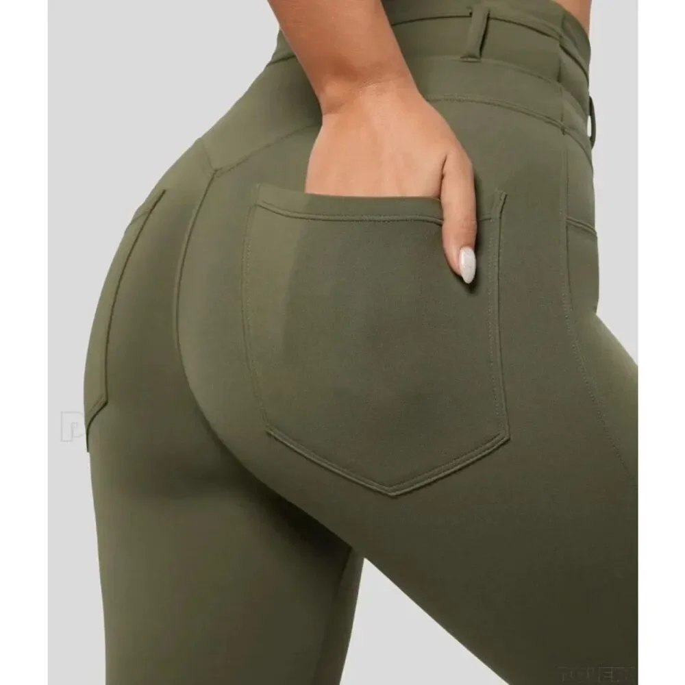 Halara Army Green High Waisted 7/8 Leggings Back Pockets Workout Yoga L NWT